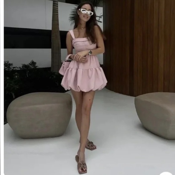ZARA DRAPED BALLOON MINI DRESS WEDDING GUEST BEIGE PINK SMALL 3435/324 - Picture 8 of 9